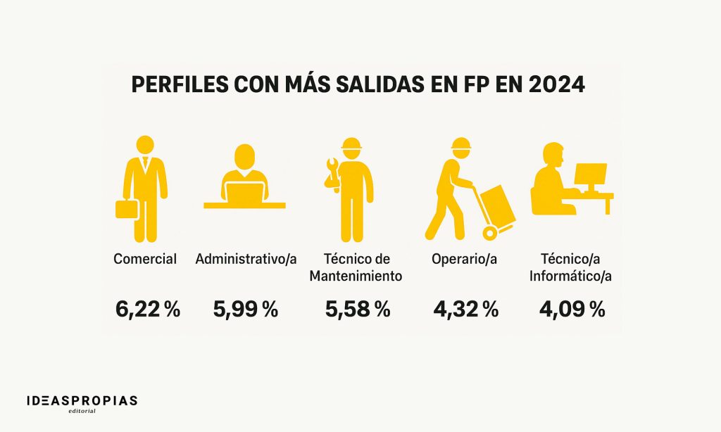 : FP con más salidas: claves del Informe Infoempleo–Adecco para centros de formación 3 Infografía que muestra los perfiles de FP más demandados en 2024: Comercial (6,22 %), Administrativo/a (5,99 %), Técnico/a de Mantenimiento (5,58 %), Operario/a (4,32 %) y Técnico/a Informático/a (4,09 %).